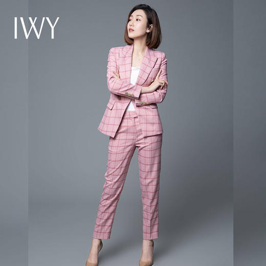 IWY/王嘉宁同款-小香风粉色格子韩版西装套装女职业商务修身时尚气质名媛职场正装	CP400 商品图2