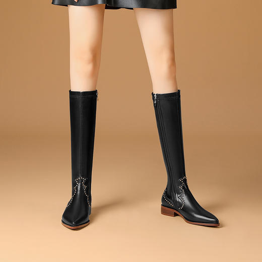粗跟高筒靴尖头高跟女靴侧拉链不过膝长靴秋冬款时尚单靴黑色靴子 JZX122-241 商品图2