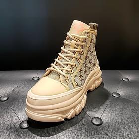 LFGJ 12106 牛皮织物拼接厚底超轻印花短靴