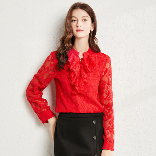 丁摩 春秋法式复古荷叶边套头衫时尚洋气打底小衬衫Q121184 商品图0