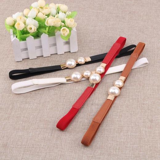 珍珠束腰细腰带女松紧弹力配裙子装饰连衣裙百搭对扣细皮带女学生 商品图2