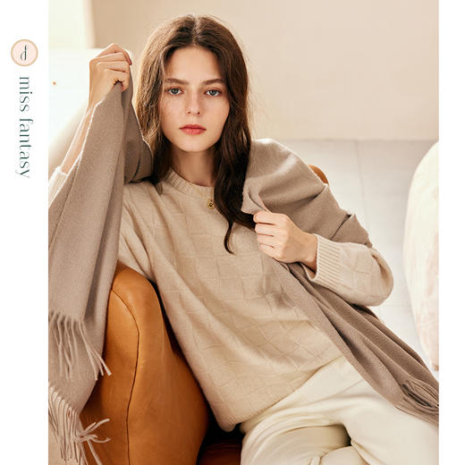 加厚重磅100%进口苏格兰邓肯羊绒显白减龄棋盘格纹圆领套头衫FJ29521N 商品图4