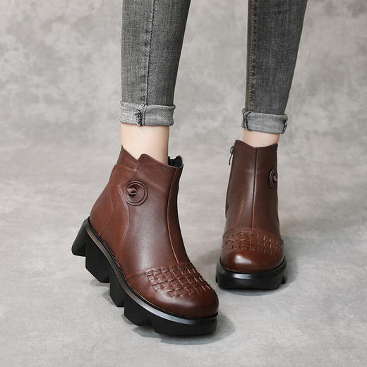 冬季头层牛皮女士加绒圆头松糕厚底保暖低筒编织复古马丁靴MLD-2581 商品图6