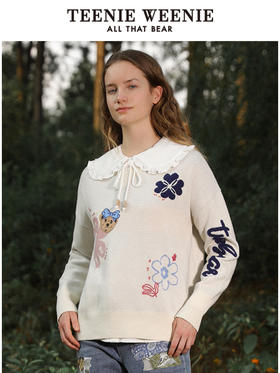 TeenieWeenie小熊V领套头针织衫毛衣宽松直筒韩版显瘦女秋冬外穿TTKW214T06T