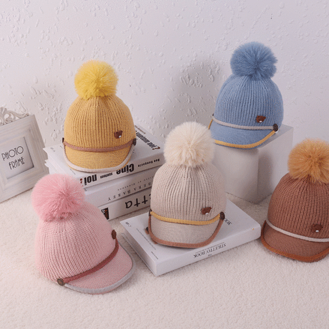 【童趣 保暖】儿童A帽子秋冬韩版新款小熊棒球毛线帽男女童保暖帽婴儿针织帽