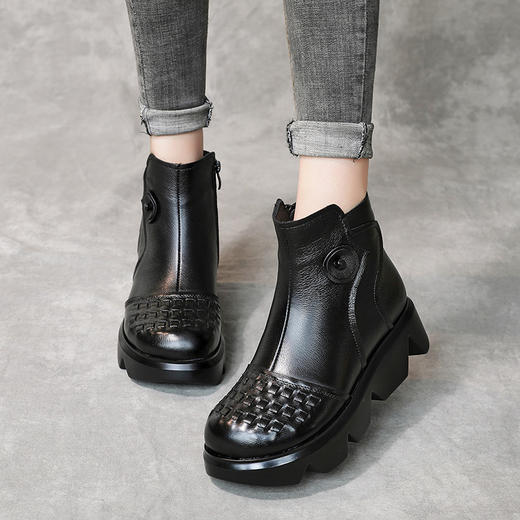 冬季头层牛皮女士加绒圆头松糕厚底保暖低筒编织复古马丁靴MLD-2581 商品图5