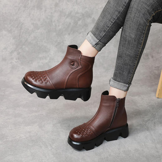 冬季头层牛皮女士加绒圆头松糕厚底保暖低筒编织复古马丁靴MLD-2581 商品图0
