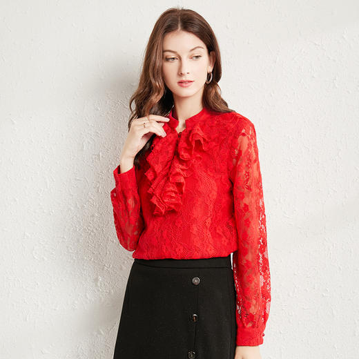丁摩 春秋法式复古荷叶边套头衫时尚洋气打底小衬衫Q121184 商品图5