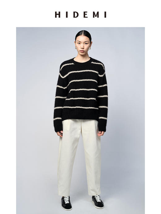 HIDEMI 简约脚口可调节扣襻微茧型斜纹厚款九分裤/ 乳白色/黑色 商品图4