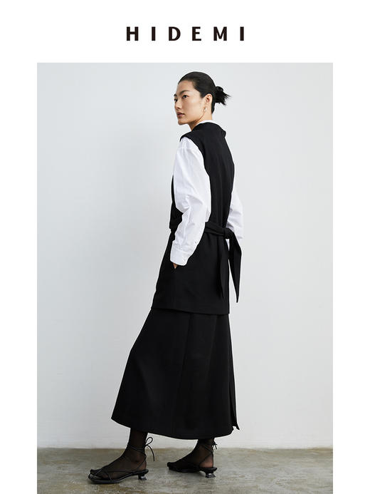 HIDEMI 黑色斜纹羊毛褶皱设计感绑带背心 商品图6