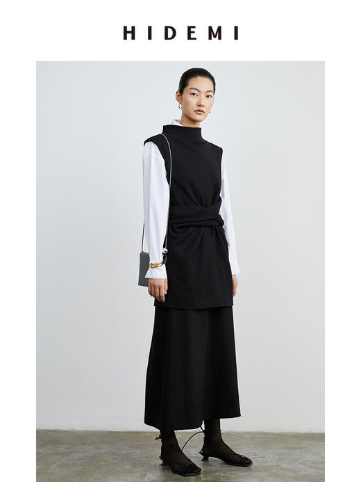 HIDEMI 黑色斜纹羊毛褶皱设计感绑带背心 商品图1