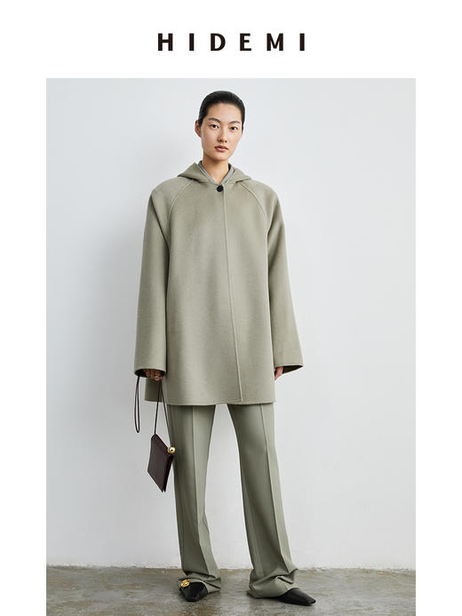 HIDEMI 燕麦色美利奴羊毛双面呢简约设计感一粒扣连帽大衣 商品图2