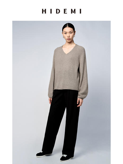 HIDEMI 浣熊毛V领灯笼袖毛衣 栗子色/静谧蓝 商品图6