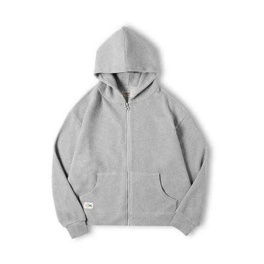 工装优选 日系复古灰色华夫格连帽卫衣慵懒针织开衫运动外套男秋冬 商品图4