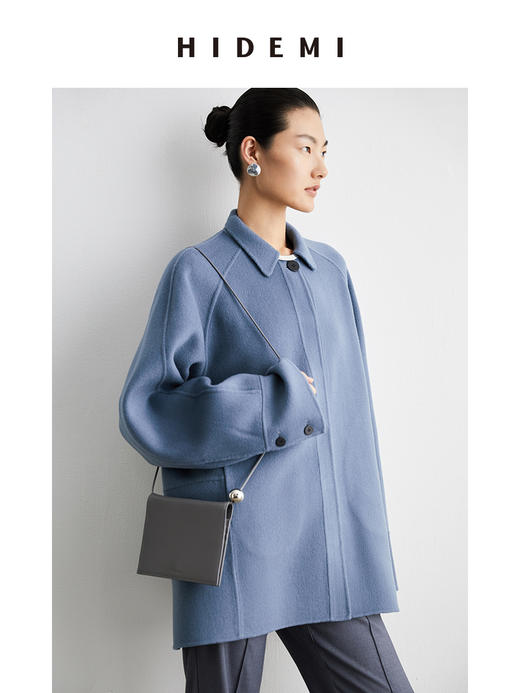 HIDEMI 雾霾蓝美利奴羊毛双面呢简约设计感短款大衣外套 商品图3