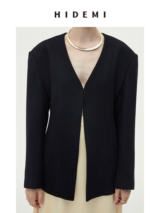 HIDEMI 黑色斜纹羊毛厚款V领收腰西装外套 商品图0