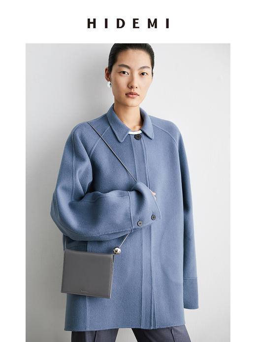 HIDEMI 雾霾蓝美利奴羊毛双面呢简约设计感短款大衣外套 商品图2