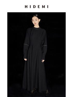 HIDEMI 黑色明线设计感廓形袖收腰显瘦连衣长裙