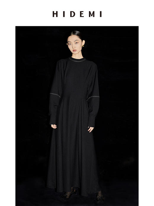 HIDEMI 黑色明线设计感廓形袖收腰显瘦连衣长裙 商品图0