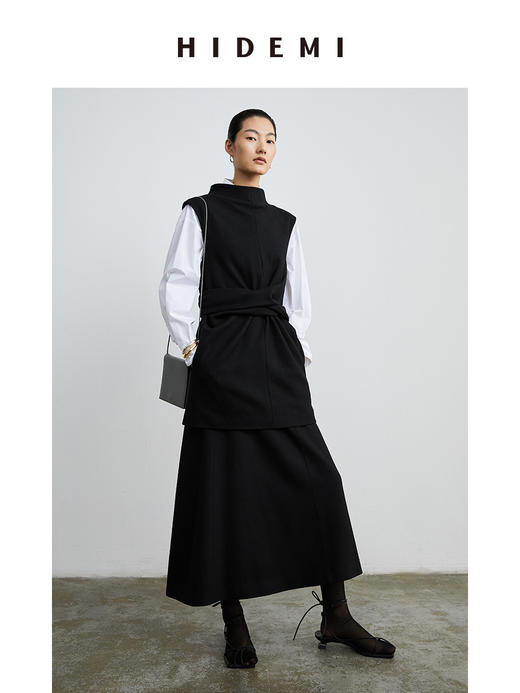 HIDEMI 黑色斜纹羊毛褶皱设计感绑带背心 商品图4