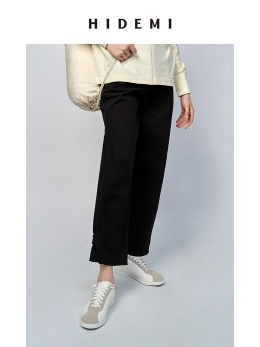 HIDEMI 简约脚口可调节扣襻微茧型斜纹厚款九分裤/ 乳白色/黑色 商品图8