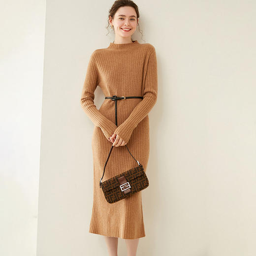 服饰鞋包羊毛连衣裙女半高领中长款针织毛衣纯色简约抽条显瘦百搭上衣