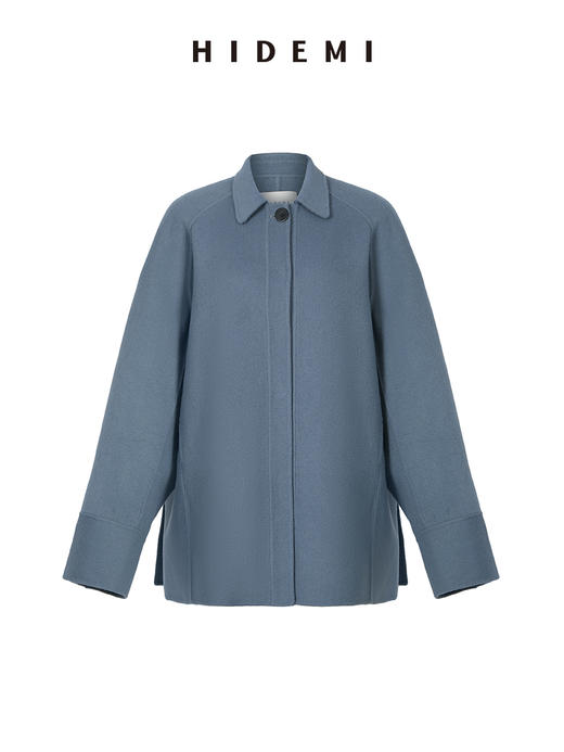 HIDEMI 雾霾蓝美利奴羊毛双面呢简约设计感短款大衣外套 商品图8