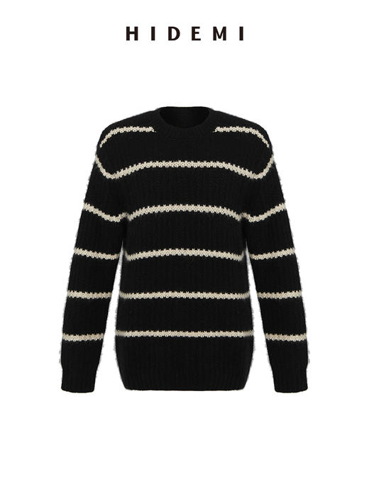 HIDEMI 浣熊毛黑白条纹粗针毛衣 商品图6