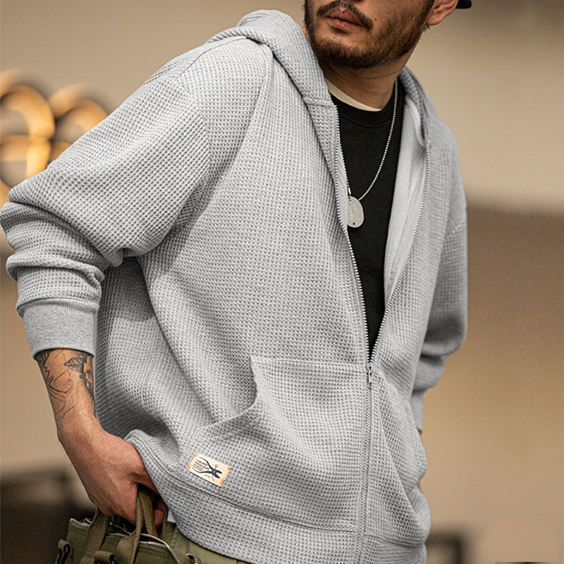 工装优选 日系复古灰色华夫格连帽卫衣慵懒针织开衫运动外套男秋冬