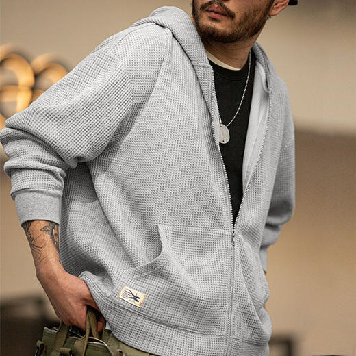 工装优选 日系复古灰色华夫格连帽卫衣慵懒针织开衫运动外套男秋冬 商品图0