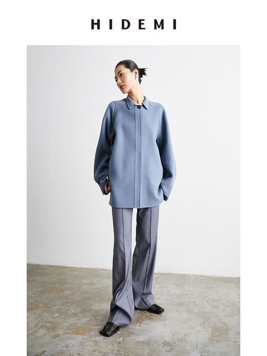 HIDEMI 雾霾蓝美利奴羊毛双面呢简约设计感短款大衣外套 商品图6