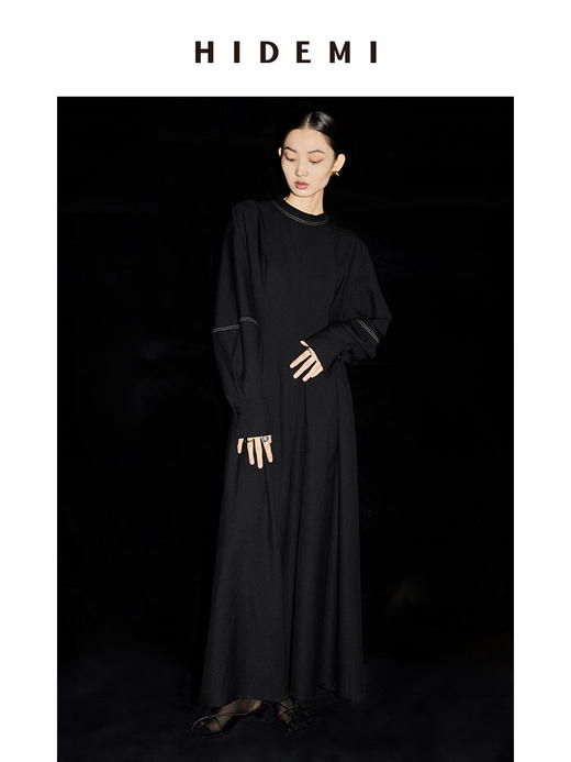 HIDEMI 黑色明线设计感廓形袖收腰显瘦连衣长裙 商品图3
