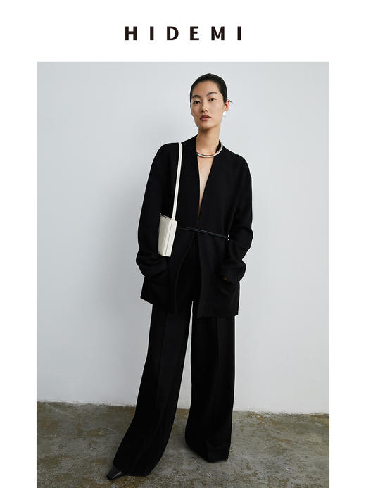 HIDEMI 黑色斜纹羊毛厚款阔腿裤 商品图9