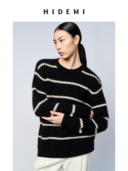 HIDEMI 浣熊毛黑白条纹粗针毛衣 商品图1