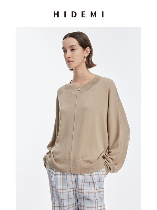 HIDEMI 美利奴羊毛廓形落肩宽松毛衣/奶茶色/香芋粉紫 商品图4