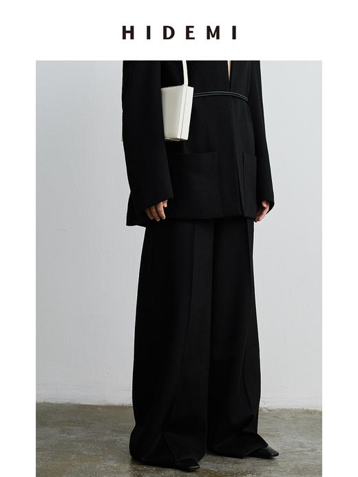 HIDEMI 黑色斜纹羊毛厚款阔腿裤 商品图8