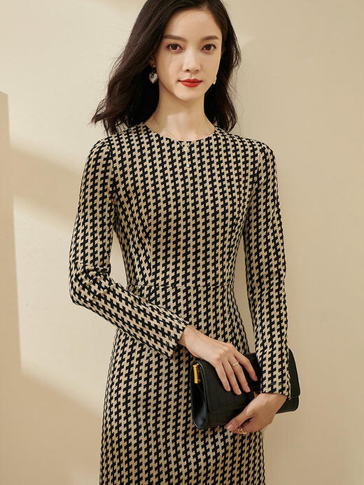 剩S/M/XL 米思阳气质时尚连衣裙秋流行印花2022新款修身长袖中长款裙子2162 商品图1