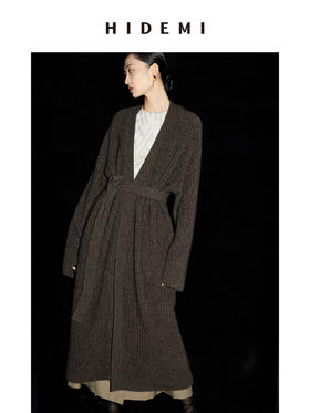 HIDEMI 摩卡棕骆马毛粗针加厚款浴袍式针织毛衣大衣/腰带式