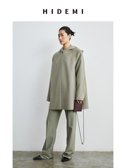 HIDEMI 燕麦色美利奴羊毛双面呢简约设计感一粒扣连帽大衣 商品图4