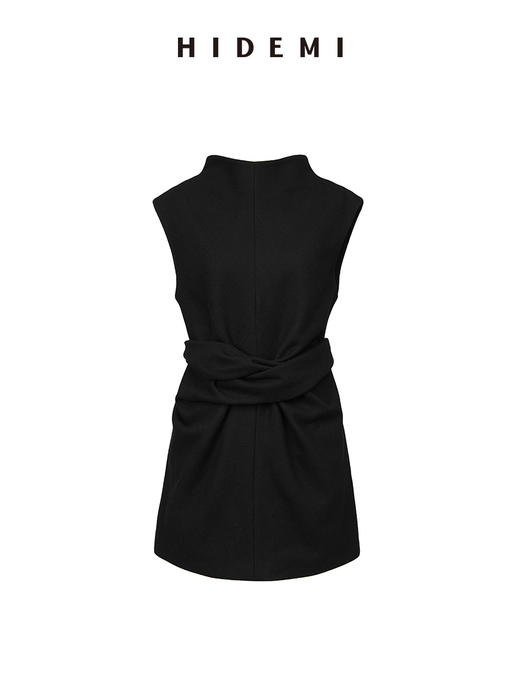 HIDEMI 黑色斜纹羊毛褶皱设计感绑带背心 商品图7