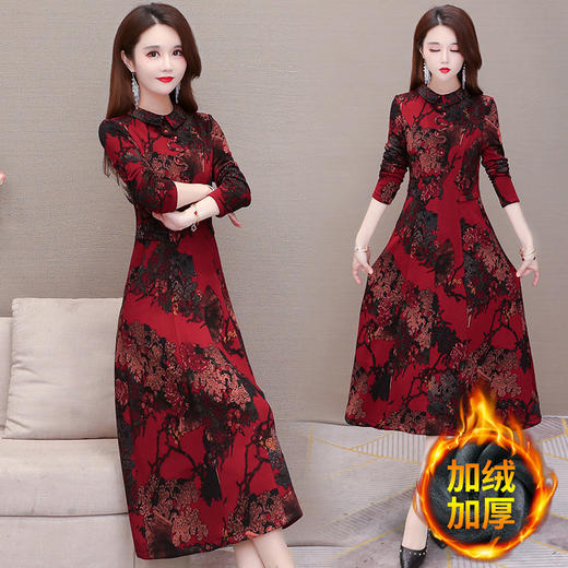 YWE  21C255大码长袖加绒加厚印花连衣裙 商品图2