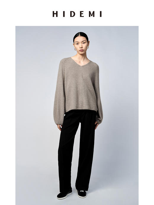 HIDEMI 浣熊毛V领灯笼袖毛衣 栗子色/静谧蓝 商品图5