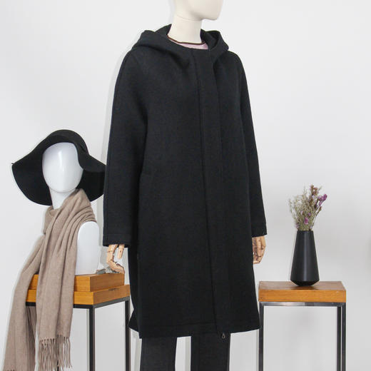 FOCALS福柯斯冬季新款长款纯色连帽拉链羊毛大衣外套FYQDK830N1 商品图1