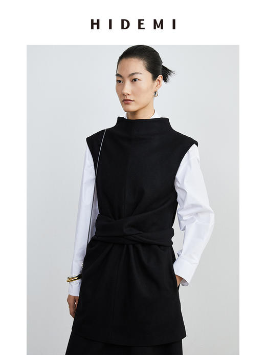 HIDEMI 黑色斜纹羊毛褶皱设计感绑带背心 商品图2