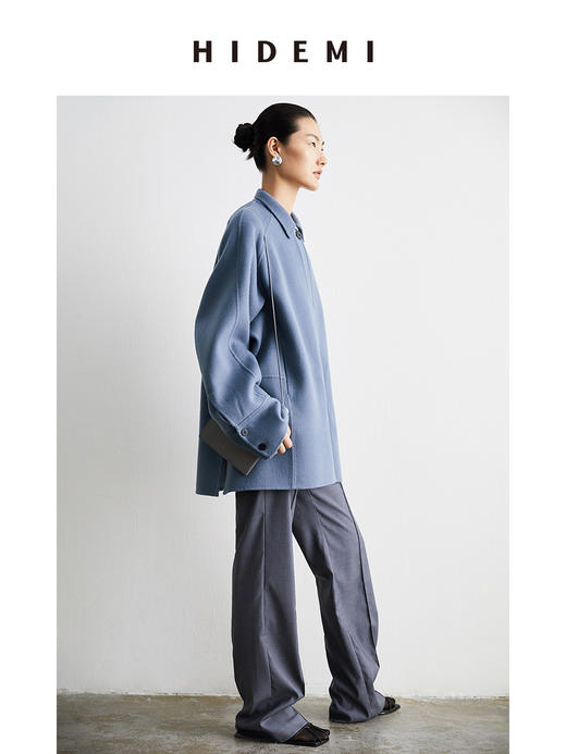HIDEMI 雾霾蓝美利奴羊毛双面呢简约设计感短款大衣外套 商品图5