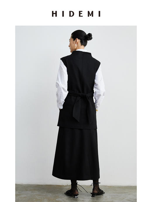 HIDEMI 黑色斜纹羊毛褶皱设计感绑带背心 商品图5