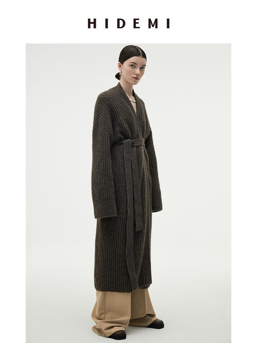 HIDEMI 摩卡棕骆马毛粗针加厚款浴袍式针织毛衣大衣/腰带式 商品图2