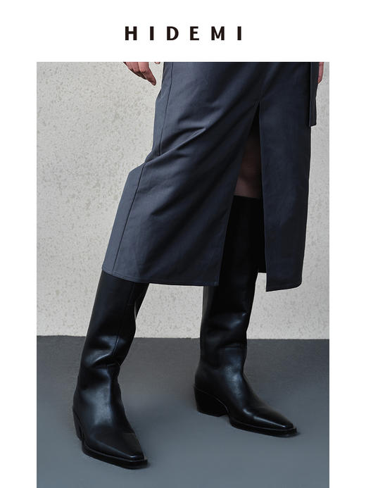HIDEMI 牛漆皮/牛皮方尖头擦色做旧感女鞋中跟增高长靴 商品图11