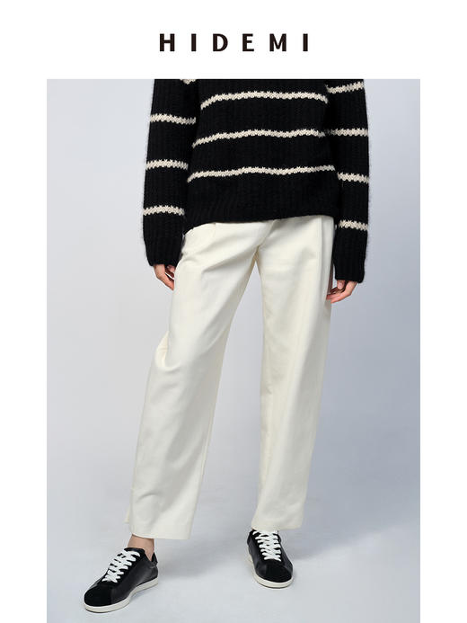 HIDEMI 简约脚口可调节扣襻微茧型斜纹厚款九分裤/ 乳白色/黑色 商品图2