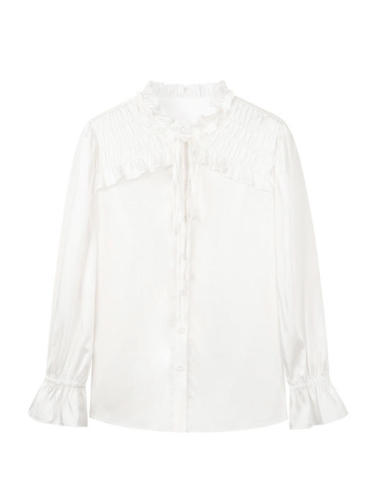 HeyDress日本醋酸缎面白衬衫女法式宫廷设计感木耳边长袖上衣 商品图4